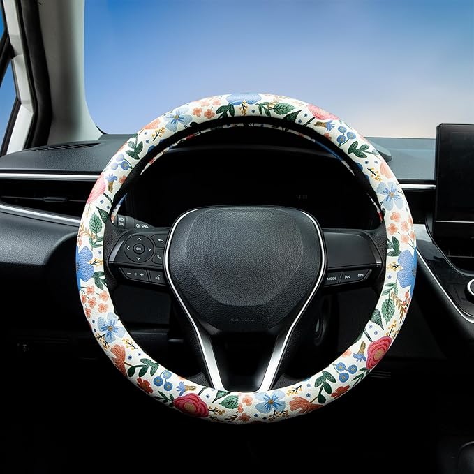 Wild Rose Steering Wheel Cover Auto Jacquard Steering Wheel Protector, Anti-Slip, Breathable, Absorbing Sweat, Universal Car Accessories 14.5–15 inch,Fit for Most Car, Trucks, SUV