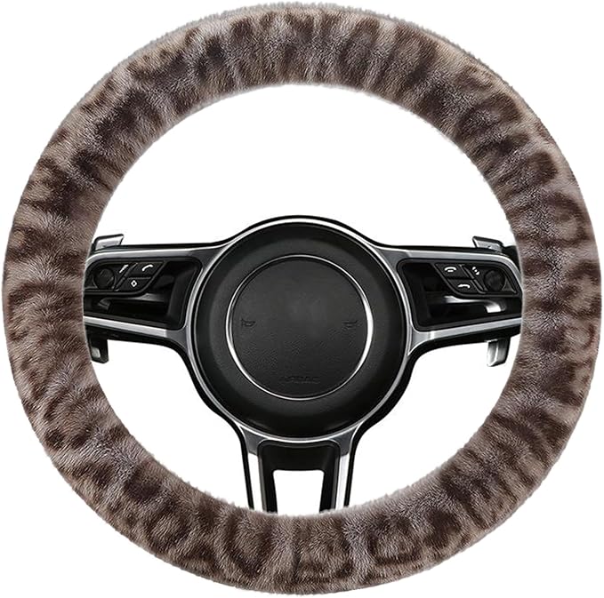 Fluffy Cheetah Car Steering Wheel Cover Luxurious Faux Fur Leopard Print Cute Wheel Protector Universal 15 Inch Fit for Vehicle, Car, Auto, SUV Winter Warm (Gray)