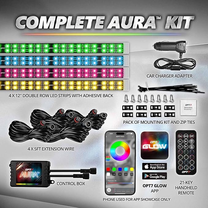 OPT7 Aura Pro 4PC Double LED Interior Car Strip Lights with APP & Remote Control, Multicolor Mode, Sound Active Neon Accent Lighting Kit, Footwell Floor Inside Decor Accessories, 12V Charger Adapter