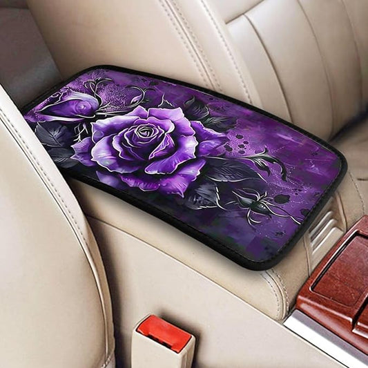 Universal Car Center Console Cushion Pad, Purple Rose Soft Waterproof Car Center Console Cover Auto Armrest Seat Box Cover Protector for Most Vehicle SUV Truck Car