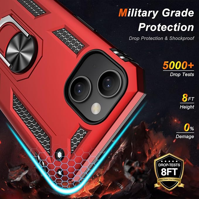 IKAZZ for iPhone 14 Plus Case 6.7 Inch with Screen Protector,Military Grade Shockproof Heavy Duty Protective Phone Cover Pass 16ft Drop Test with Magnetic Kickstand Car Mount Holder,Red