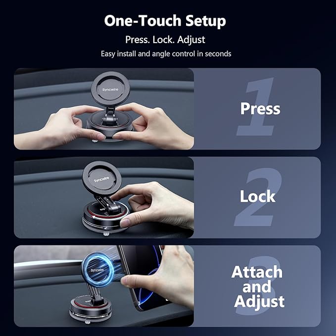 SYNCWIRE for MagSafe Car Mount [2-Axis Design] Nano Adhesive Gel + Suction Cup Magnetic Phone Holder for Dashboard & Windshield, 360° Adjustable for iPhone 17 16 15 14 13 12 11, Samsung, Matte Black