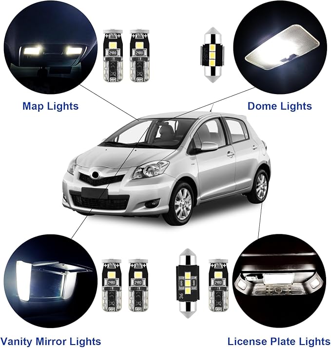 EASY EAGLE 7 Psc Super Bright 6000K White LED Interior Light: Bulbs Kit Package for 2007-2012 Toyota Yaris Lighting Package Kit Includes Light Accessories + Install Tool