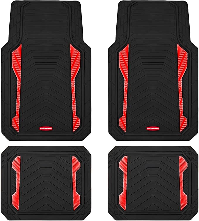 Rubbermaid Car Floor Mat, Heavy Duty All-Weather Car Mats Full Set with Dual-Tone Red Aluminum Inserts – Universal Fit, Anti-Slip Backing, Trim-to-Fit for Most SUV, Sedan, Van