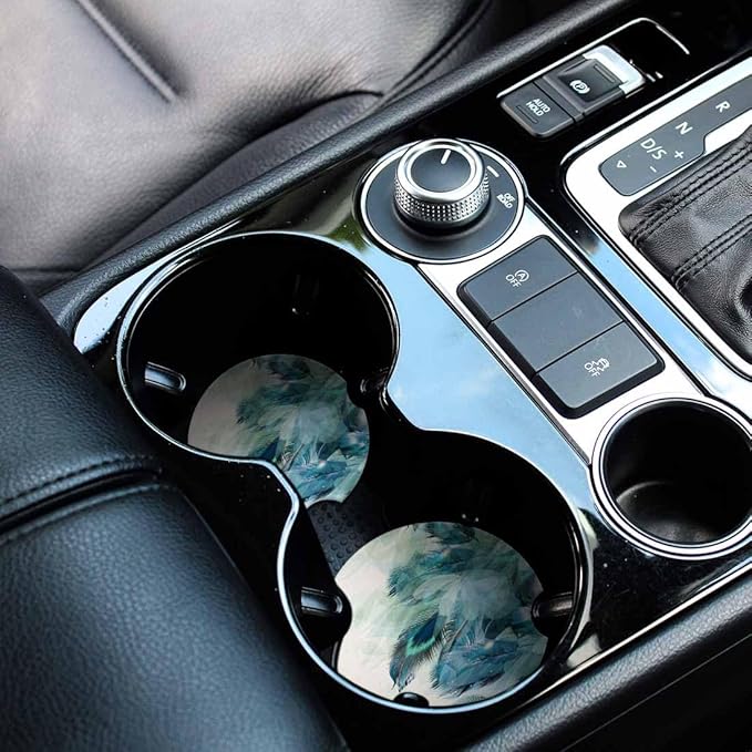 Peacock Feather Car Coasters for Cup Holders Elegance Birds Wings Car Cup Holder Coasters 2 Pack for Car, Anti Slip Ceramic Car Cup Mat with Finger Notch Cute Car Interior Accessories for Women Men