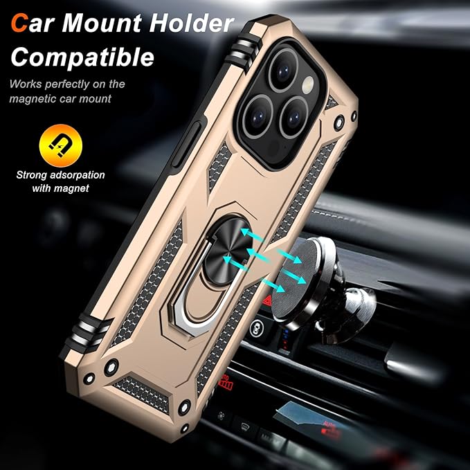 IKAZZ for iPhone 14 Pro Case 6.1 Inch with Screen Protector,Military Grade Shockproof Heavy Duty Protective Phone Cover Pass 16ft Drop Test with Magnetic Kickstand Car Mount Holder,Gold
