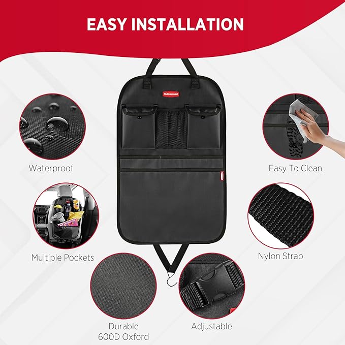 Rubbermaid Backseat Car Organizer, Kick Mats and Seat Back Protector, Car Organizer for Kids with 6 Storage Pockets, Travel Essentials for SUV, Truck, Car - 2 packs Black