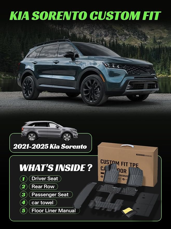 TPE All-Weather Floor Mats for Kia Sorento 2021-2024 2025 (Not Hybrid) | Custom Fit Floor Mats&Trunk Mat with Backrest Mats,Durable, Odorless, Easy to Clean (6-Piece Set, Black)
