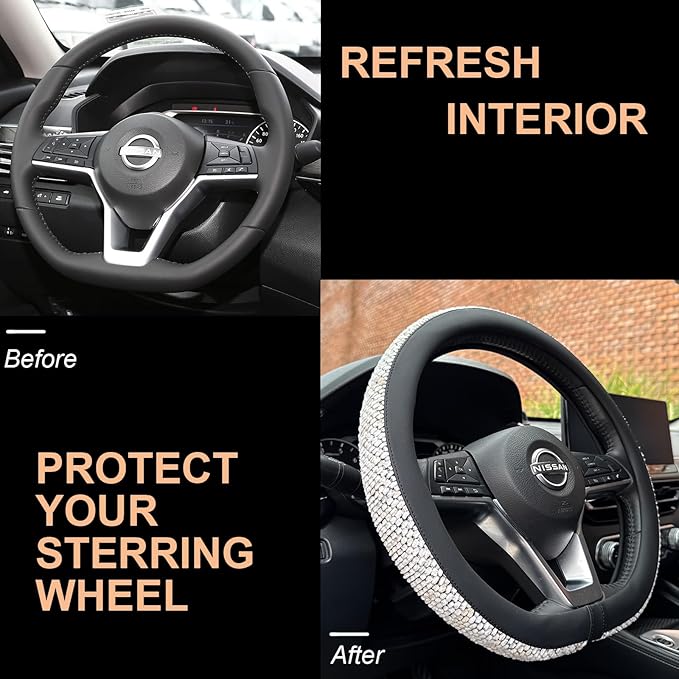 PINCTROT D Shaped Chenille Leather Steering Wheel Cover, Soft Mottled Colors, Sweat-Proof, Non-Slip Grip, All-Season Comfort, Flat Bottom 14.5-15 Inch(Mottled White)