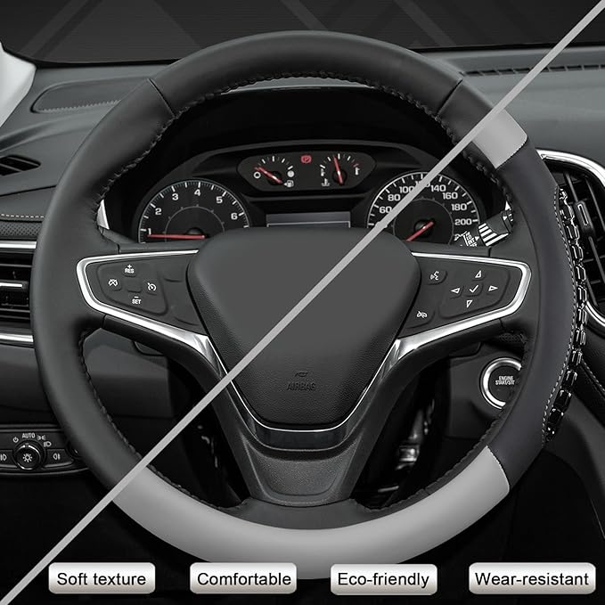 West Llama Nappa Leather Car Steering Wheel Cover Gel Massage,Cool in Summer,Universal 15 inch(Gray+Black-Standard Size)