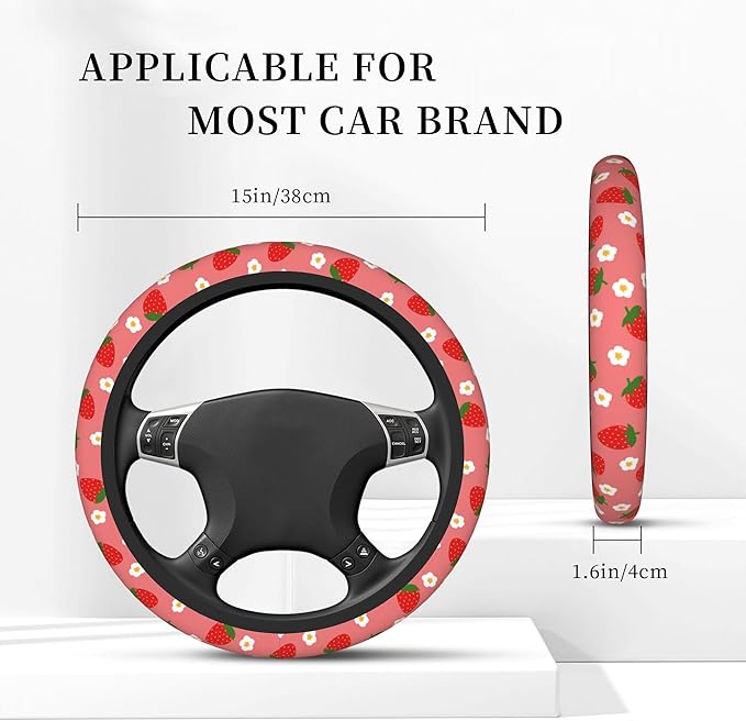Strawberry Steering Wheel Cover,Strawberries Flower Elastic Non-Slip Steering Wheel Protector,Auto Interior Decor for Women Girls,Universal 15" Fit for Sedans,Trucks