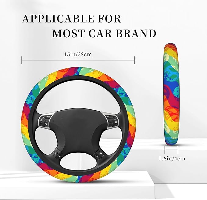 Rainbow Peace Signs Car Steering Wheel Cover, Non-Slip Absorbing Sweat Car Wheel Cover Accessories for Men Women,Universal 15" Fit Auto SUV Vans Trucks