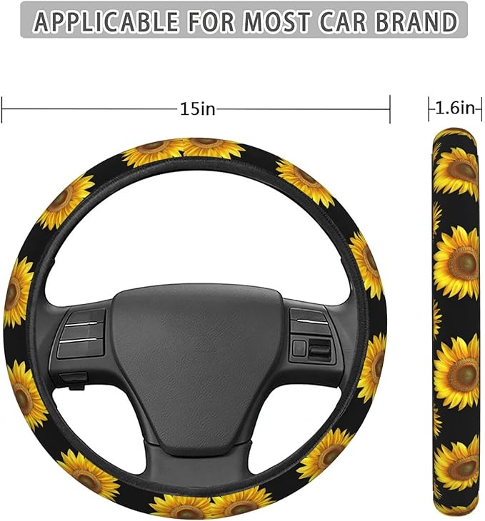 Golden Sunflower Black Steering Wheel Covers Anti-Slip Elasticity Car Accessories Steering Wheel Protector Universal 15 Inch for Cars SUV Vehicle Truck
