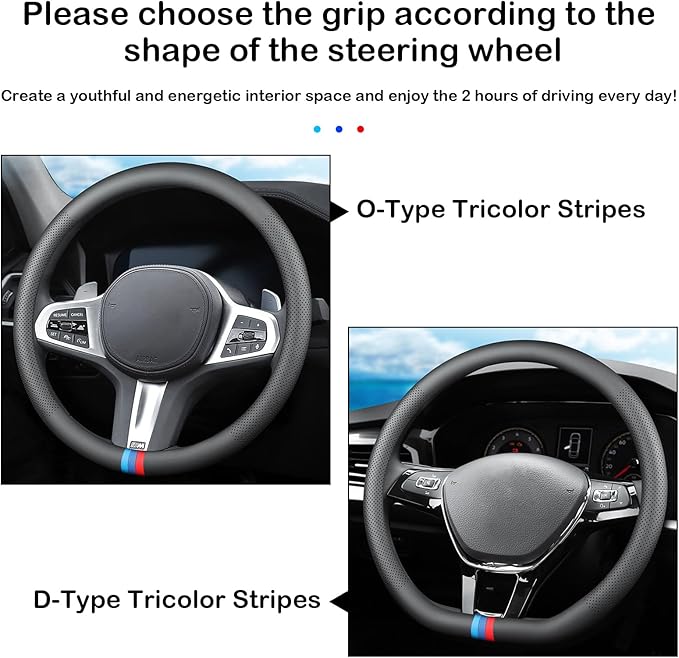 Tricolor Stripes Car Steering Wheel Cover,14.5-15 Inch Universal Nappa Leather 3D Mesh Covers Breathable Anti-Slip Odorless Steering Wheels Accessories for Men Women