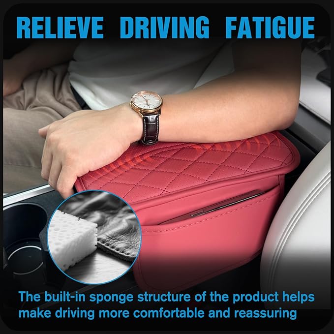 Upgraded Car Center Console Cover Microfiber Leather Armrest Cover Cushion with 2 Storage Bags&Universal Car Armrest Storage Box Universal Car Interior Accessory (2 Pockets, Red)