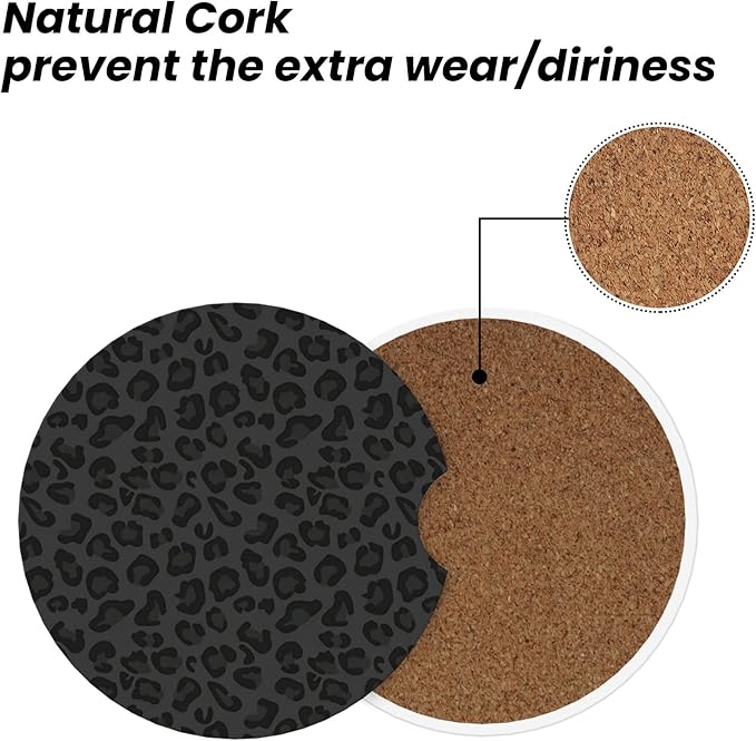 Absorbent Car Coasters for Cup Holders, 2 Pack Universal Anti Slip Ceramic Cup Coaster for Women Men 2.56 Inch Car Interior Accessories - Black Leopard Print 001
