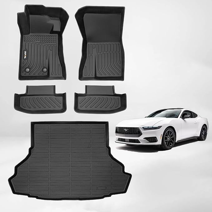 AIPOIL® Floor Mats & Cargo Liner Set for 2015-2024 2025 Ford Mustang (Without Subwoofer in The Trunk & Not for Ford Mustang Mach-E) All Weather Protection Full Set Accessories - Black