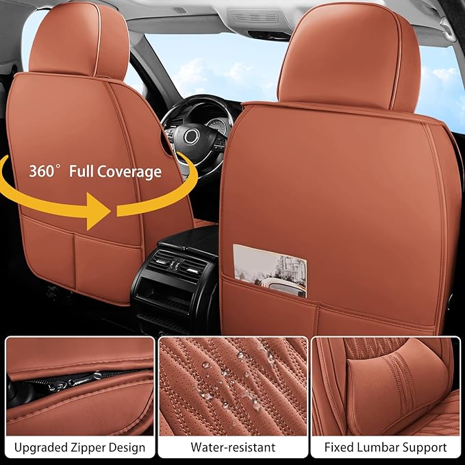 WELLDO Car Seat Covers Full Set, Premium Nappa Leather Seat Covers for Car, Waterproof Car Seat Protector with Lumbar Support, Automotive Seat Covers Universal Fit for Most Cars SUV Truck, Brown