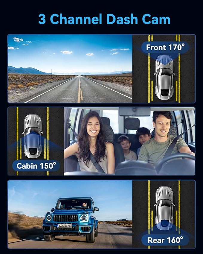 3 Channel Dash Cam for Cars Front Rear Inside, 4K WiFi Dash Cam w/ 32GB Card, 2.0" IPS Screen Dashboard Camera Recorder with App Control, G-Sensor, Loop Recording, Night Vision, Parking Monitor