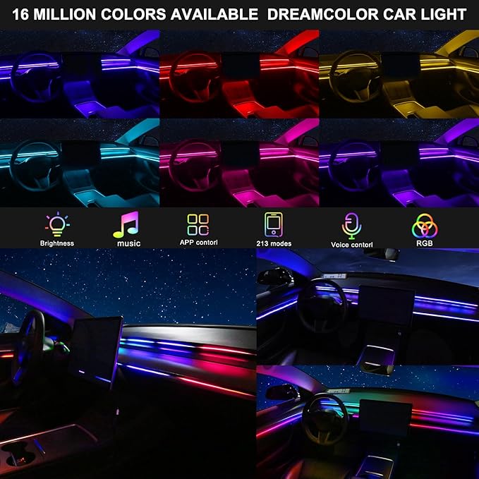 Acrylic Interior Car LED Strip Light with USB/Type C, RGB 6 in 1 with 175 Inch 593 LEDs Strip, Dynamic Chasing Music Sync Neon Ambient Lighting Kits