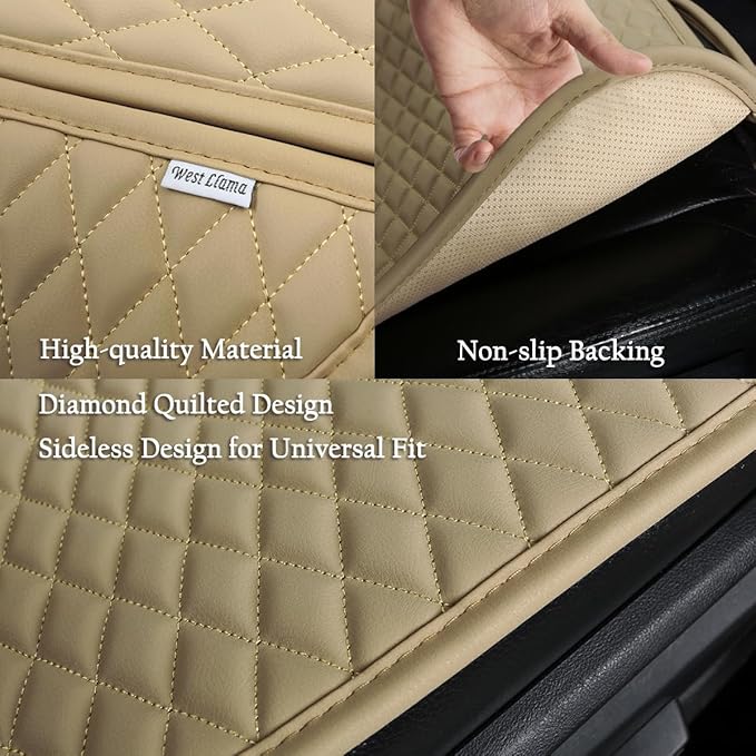 West Llama Pu Leather Car Seat Bottom Covers Protectors Include 1 Pair Front Driver Seat Pad Mat and 1 Rear Bench Cover Universal Fit 90% Vehicles,Beige
