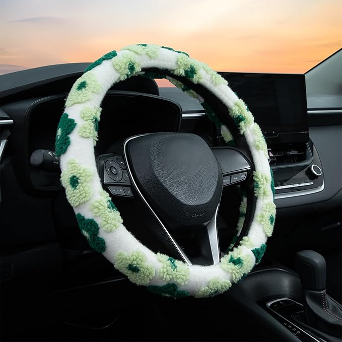 Green Plush Flowers Steering Wheel Cover Auto Jacquard Steering Wheel Protector, Anti-Slip, Breathable, Absorbing Sweat, Universal Car Accessories 14.5–15 inch,Fit for Most Car, Trucks, SUV