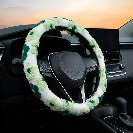 Green Plush Flowers Steering Wheel Cover Auto Jacquard Steering Wheel Protector, Anti-Slip, Breathable, Absorbing Sweat, Universal Car Accessories 14.5–15 inch,Fit for Most Car, Trucks, SUV