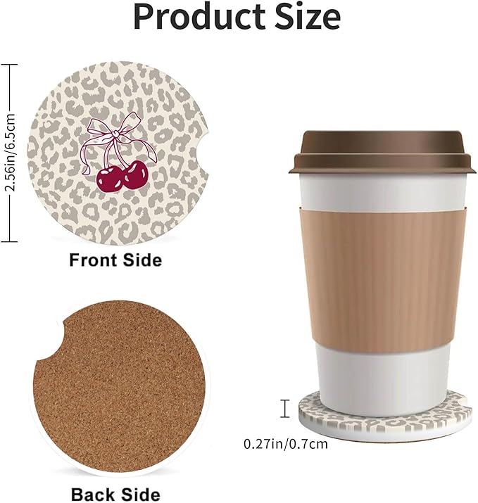Absorbent Car Coasters for Cup Holders, 2 Pack Universal Anti Slip Ceramic Cup Coaster for Women Men 2.56 Inch Car Interior Accessories - Bow Tie Cherry Leopard 008