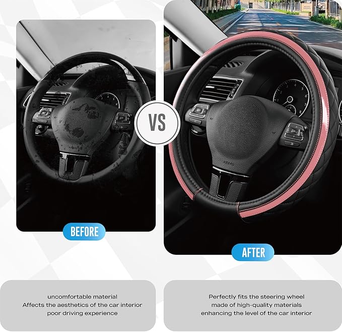 Road Comforts Leather Steering Wheel Cover – Black & Pink, Universal Fit 14.5-15 Inch, Microfiber Leather, Anti-Slip & Breathable Design for Men and Women