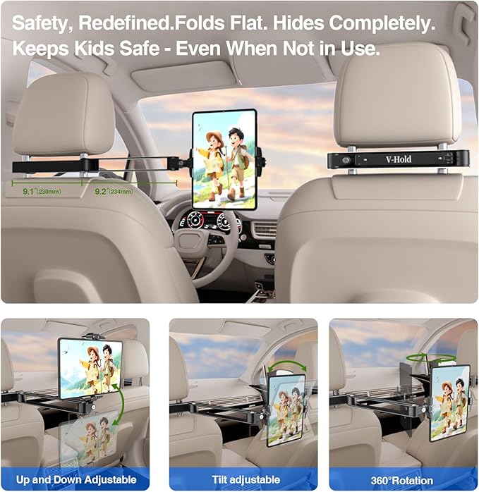 Foldable Tablet Car Holder for Backseat, Adjustable Car Headrest Tablet Holder, Road Trip Essentials for Kids. Back Seat iPad Mount for 4.7-11" Devices