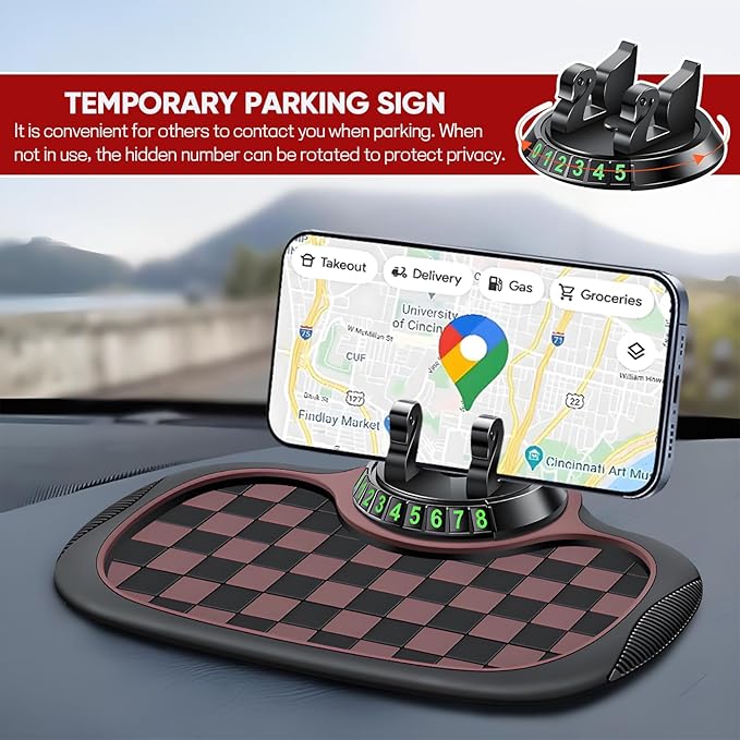 Wuyaoyao Multifunction Car Anti-Slip Mat Auto Phone Holder, PVC Car Dashboard Non-Slip Pad Phone Mount with Temporary Parking Number, Automotive Sticky Dash Pad for Phones, Keys, Gadgets (Black+Brown)