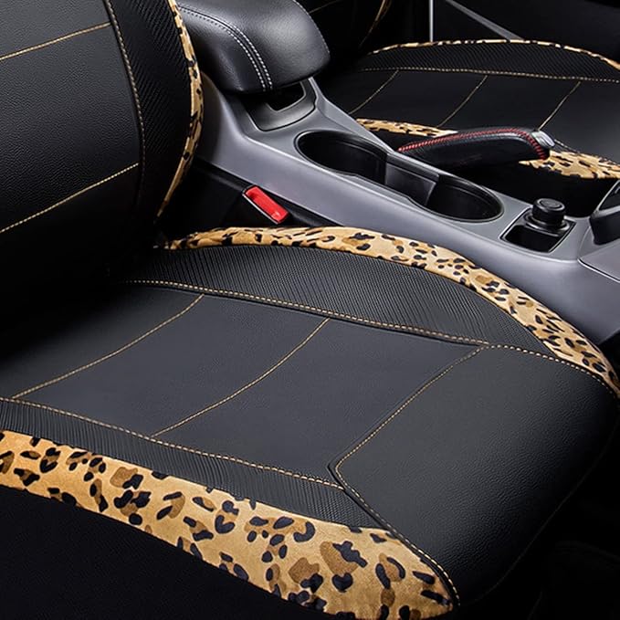 Flying Banner car seat Covers Protects Leopard Printing Velvet Faux Leather Carbon Fiber Front Pair Carbon Fibre (Leopard Black, Front Pair)