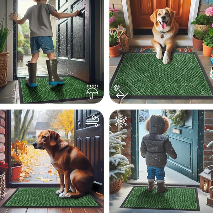 Smiry Front Door Mat Outside Entrance, Heavy Duty Outdoor Indoor Natural Rubber Doormat, Non Slip, Trap Dirt and Moisture, Easy Clean, Low Profile Patio Porch Entryway Mat, 71x47, Green