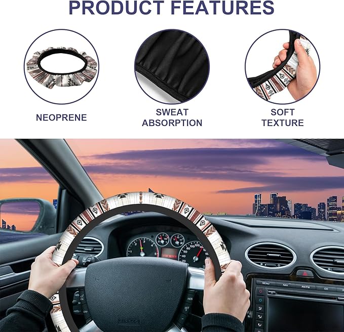Tribal Navajo Style Car Steering Wheel Cover - 15 Inch Southwestern Native American Style Geometric Pattern Elastic Universal Steering Wheel Cover for Trucks & Auto