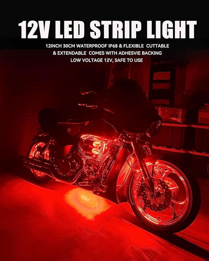 12V Led Light Strip 12" Connectable Red LEDs Strip Lights for Cars Motorcycle Golf Cart Boat Marine Waterproof Car Led Strip, 4Pack