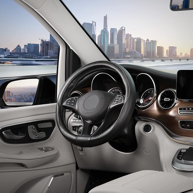 SEG Direct Car Steering Wheel Cover Universal Standard-Size 14 1/2"-15" Leather with Carbon Fiber Pattern Black