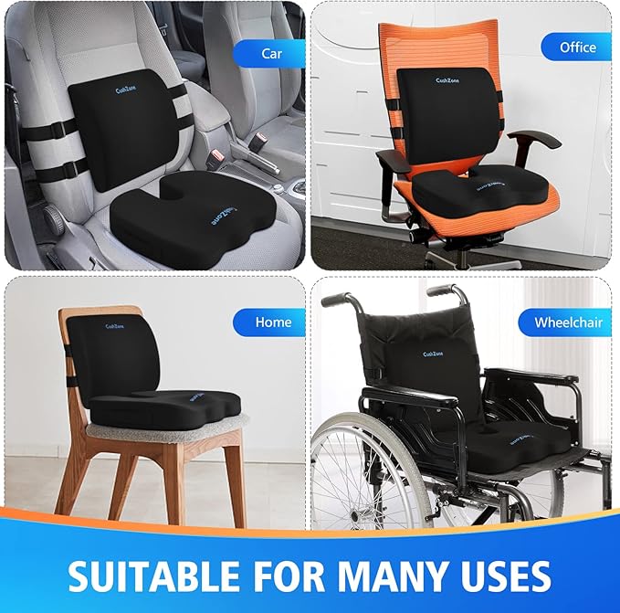 Seat Cushion, Lumbar Support Pillow with Adjustable Strap-Chair Cushions for Sciatica Pain Relief-with Washable Cover Memory Foam for Car, Travel and Wheelchair-Black