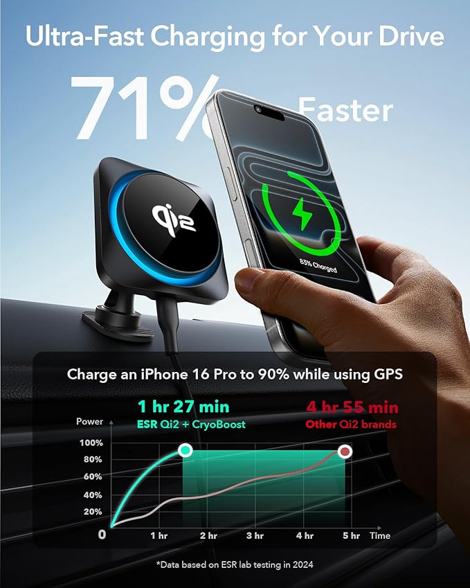 ESR for Qi2 15W MagSafe Car Mount Charger with CryoBoost, Phone Cooling MagSafe Car Charger, Air Vent/Dashboard Wireless Charging for iPhone 17/16/15/14/13/12, S25 Series, Pixel 10, Fast Charger