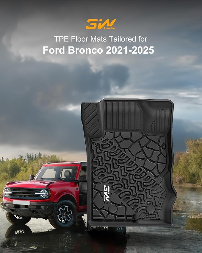 3W Floor Mats & Cargo Liner Fit for 2021-2024 2025 Ford Bronco 4 Door, TPE All Weather Custom Fit Floor Liner 1st 2nd Row and Full Set Trunk Mats, Black (Not for Bronco Sport & Rubberized Floor)
