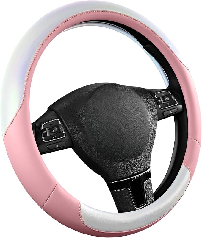 Road Comforts Steering Wheel Cover – Breathable Leather Steering Wheel Cover, Anti-Slip Grip, Universal Fit 14.5” to 15”, Heat & Cold Resistant for Cars, SUVs, and Trucks –Shining White & Pink