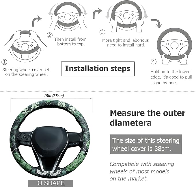 Sage Green Floral Steering Wheel Cover Auto Leather Steering Wheel Protector, Anti-Slip, Breathable, Absorbing Sweat, Universal Floral Car Accessories 14.5–15 inch,Fit for Most Car, Trucks, SUV