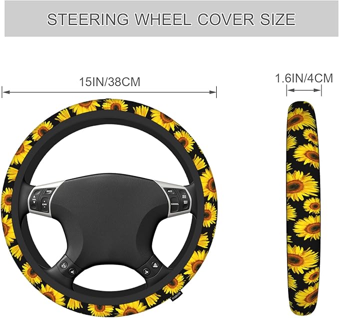 Sunflower Steering Wheel Cover - Yellow Flower Petal Bloom Boho Elastic Universal 15 Inch for Trucks, Auto, Vans