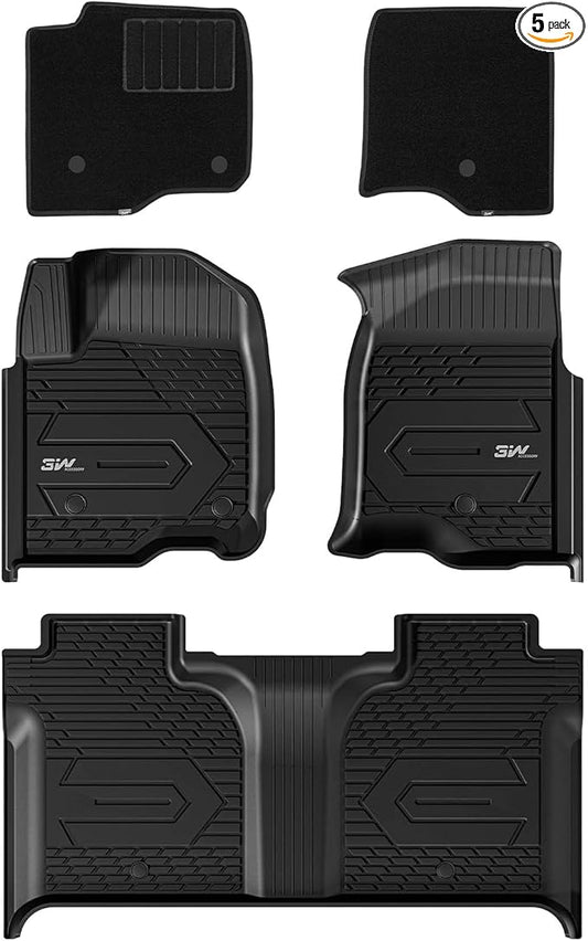3W Floor Mats & Front Carpet Fit for 2019-2025 2026 Chevy Silverado/GMC Sierra Denali 1500 & 2020-2026 GMC Sierra 2500HD/3500HD Crew Cab, TPE All Weather Accessories 2 Rows Full Set Car Mats