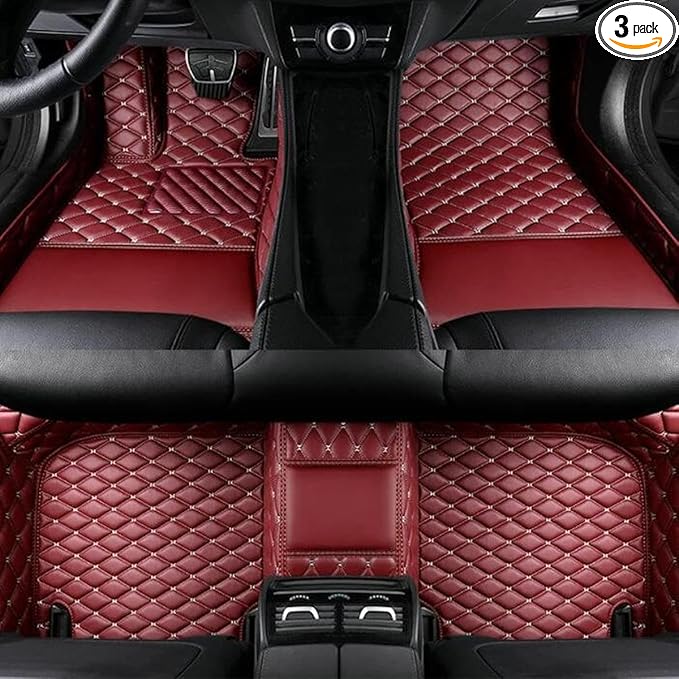 YaruicarCustom Car Floor Mats for 99.99% Sedan SUV Sports Car Men Women Protection Full Coverage Pads Anti-Slip Leather Floor Lining All Weather Car Floor Mats (Wine Red)