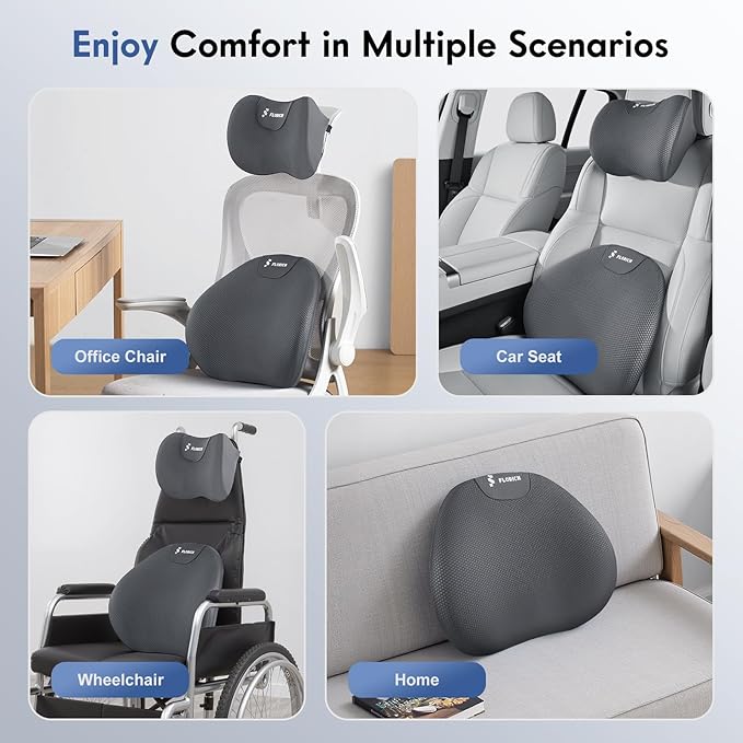 FLORICH Lumbar Support Pillow and Neck Pillow for Office Chair Car, Ergonomic Memory Foam Back Support for Office Gaming Chair Driving Seat Wheelchair, Relieves Neck, Back & Sciatica Pain – Grey