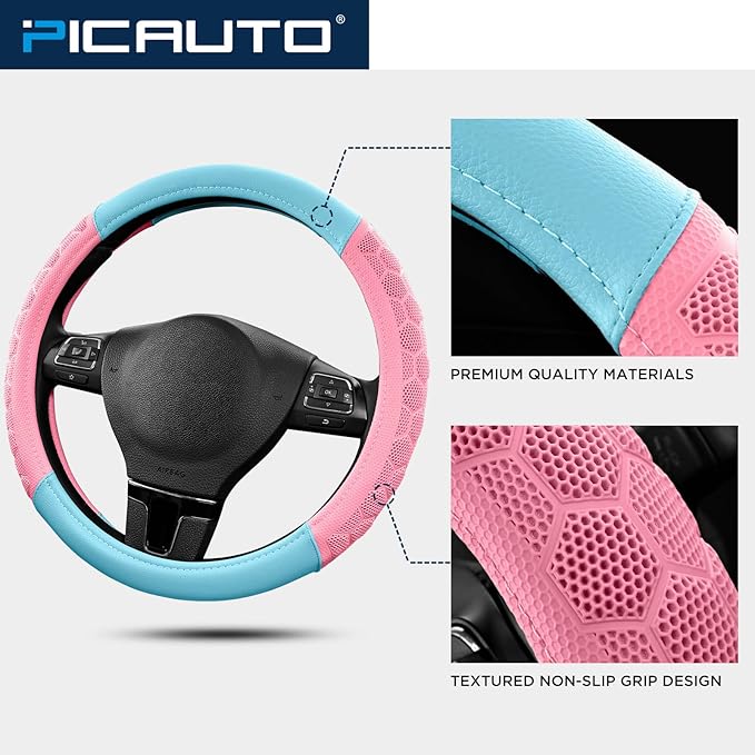 PIC AUTO Massage Steering Wheel Cover, Pink Football Pattern Material Spliced & Light Blue Leather Car Steering Wheel Cover, Car Steering Cover, Universal Fit 14.5"-15.5" for Cars, Trucks, Van, SUVs