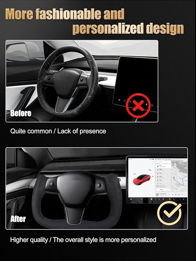 ZIMABLUE Yoke Steering Wheel Personalized Yoke Steering Wheel Suede Leather with Side Matte Carbon Fiber without Front Trim for Tesla Model 3 2017-2023, Model Y 2019-2024 With Heating Function