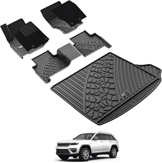 3W Floor Mats & Cargo Liner Fit 2022-2025 Jeep Grand Cherokee(Non L or WK) Carpets for 1st Rows Black Mats Custom Fit for Grand Cherokee, 6PCS