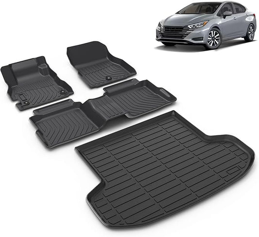 All Weather Car Floor Mats & Cargo Liner Set Fit for Nissan Versa 2020 2021 2022 2023 2024 2025 Floor Liners Trunk Liner Versa Cargo Mat Accessories Black