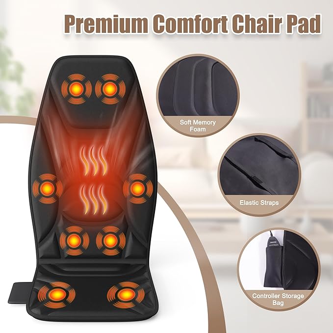 Portable Back Massager with Heat & Vibration - Deep Tissue Pain Relief for Shoulder, Back, Lower Back and Thighs - Office Chair Massage Pad, Ideal Gift for Men and Women